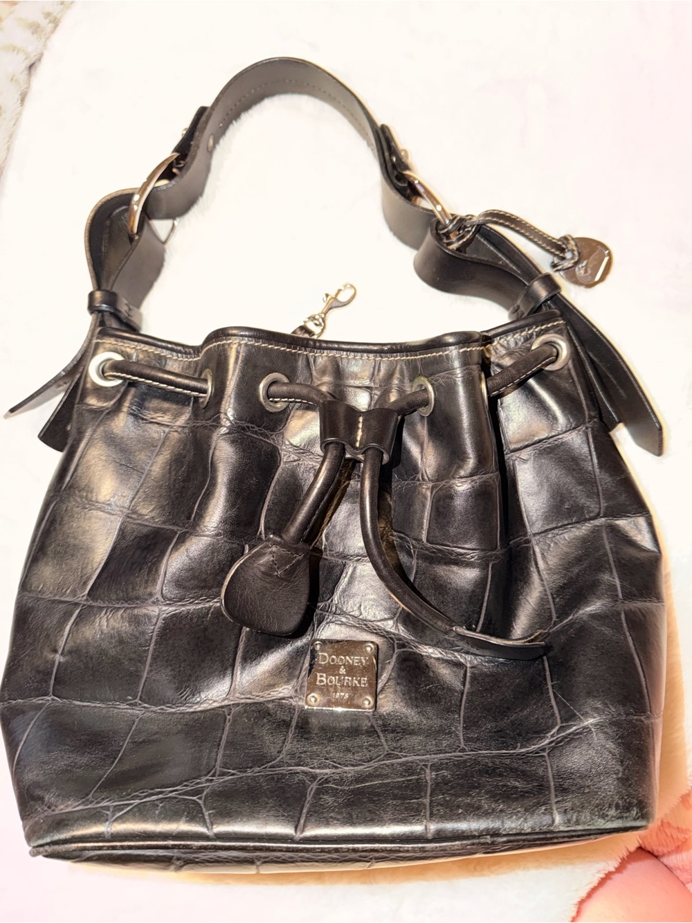 Dooney & Bourke Black Croc-Embossed Leather Drawstring Shoulder Bag